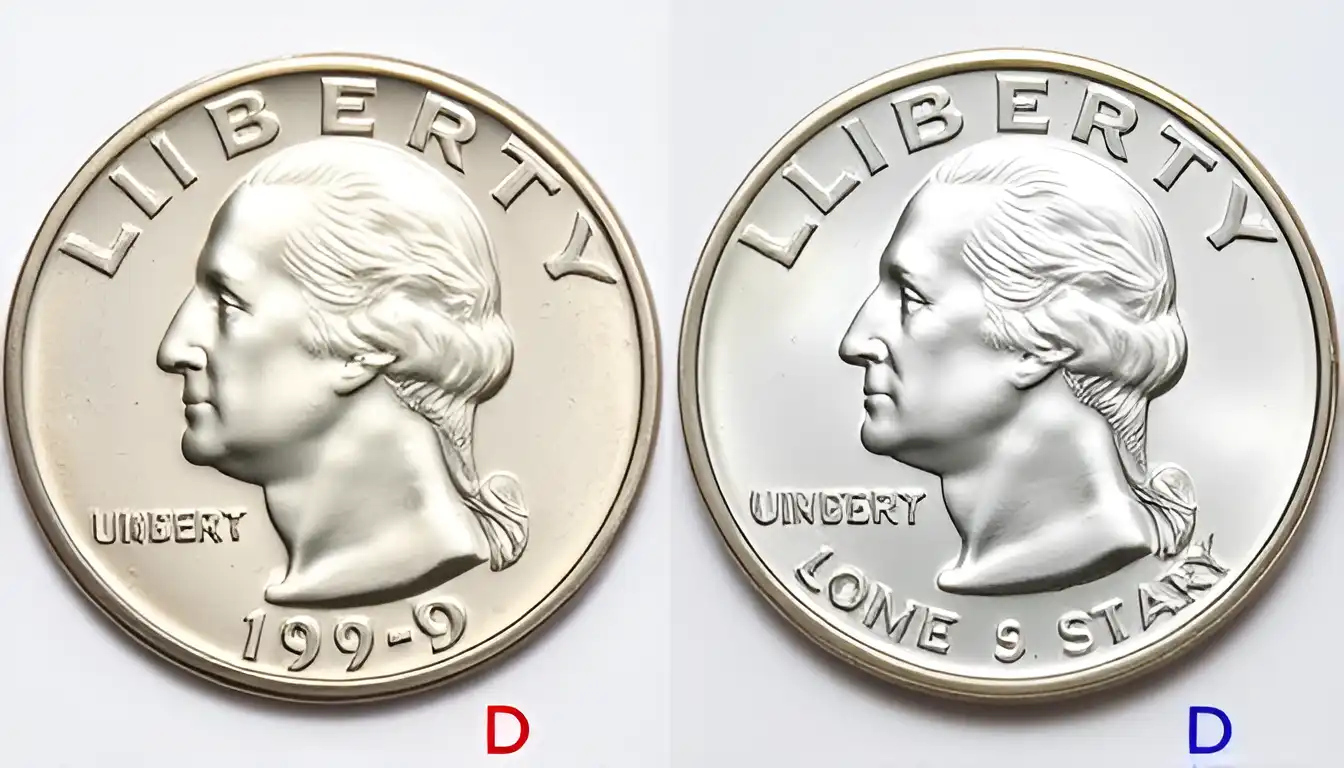 Side-by-side comparison of two 1979-D quarters; one with a clear 'D' mint mark and the other with a filled or blob-like 'D' mint mark.