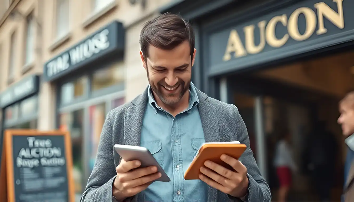 a smiling man looking onto his wallet while standing near an auction house.