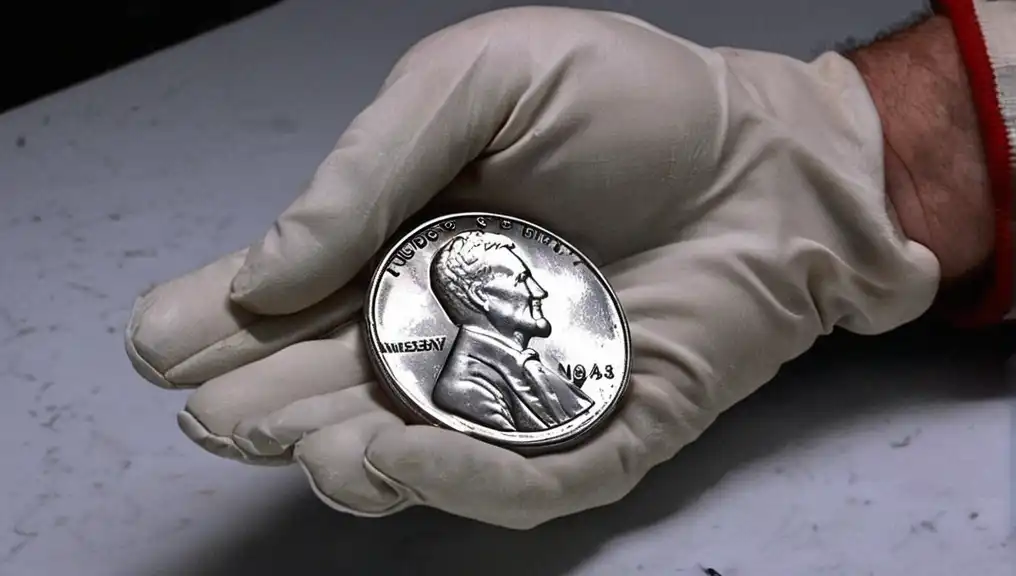 A collector holding a 1943 steel penny with gloved hands to prevent damage and preserve its mint condition.