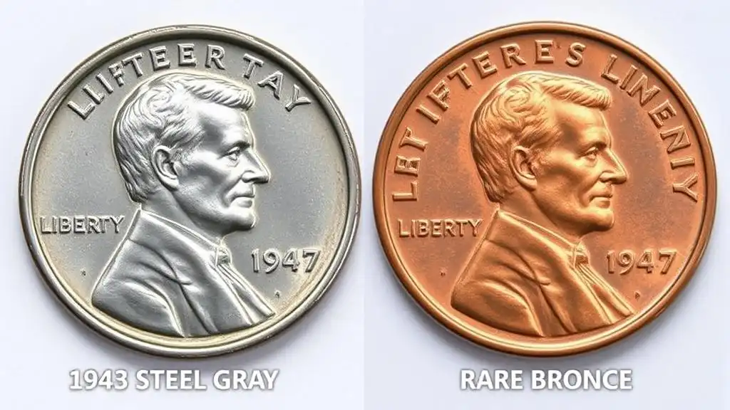 Comparison between a 1943 steel penny and a rare 1943 bronze penny, highlighting the differences in color and composition