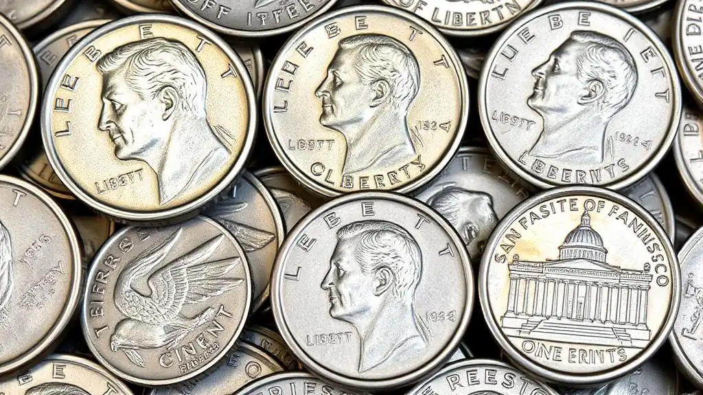 A collection of 1943 steel pennies from Philadelphia, Denver, and San Francisco mints, each with distinct mint marks.