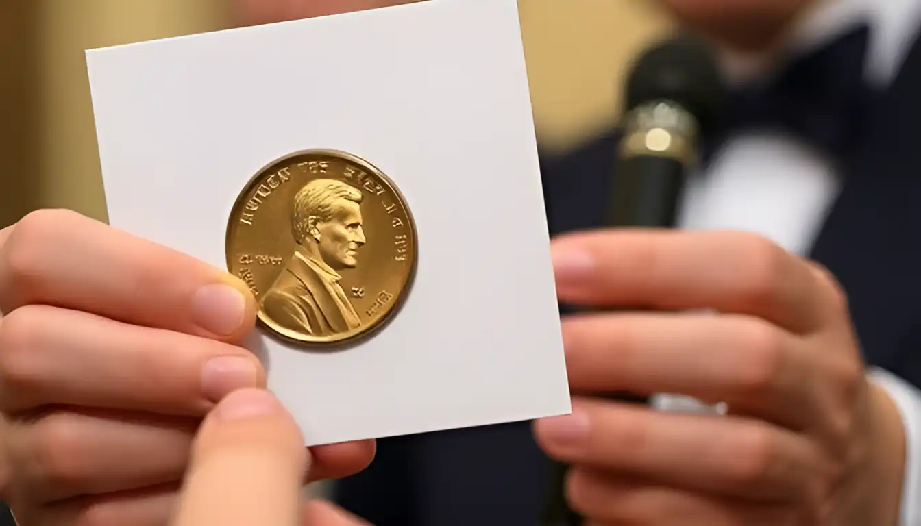 An auctioneer presenting a 1943 bronze penny to potential buyers, highlighting its rarity and value.