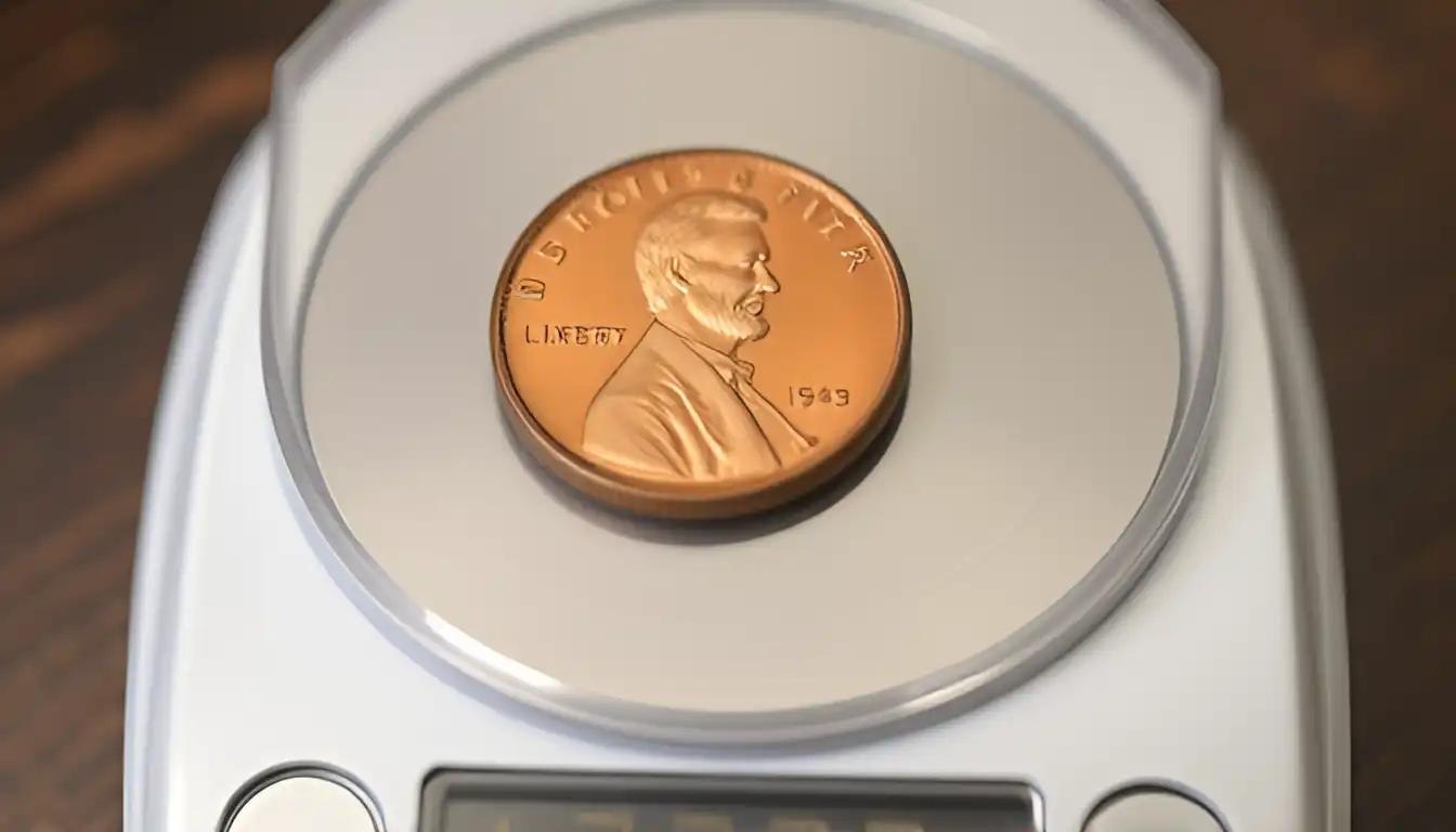 A rare penny from 1943 being placed on a scale to verify its weight as part of the coin authentication process.