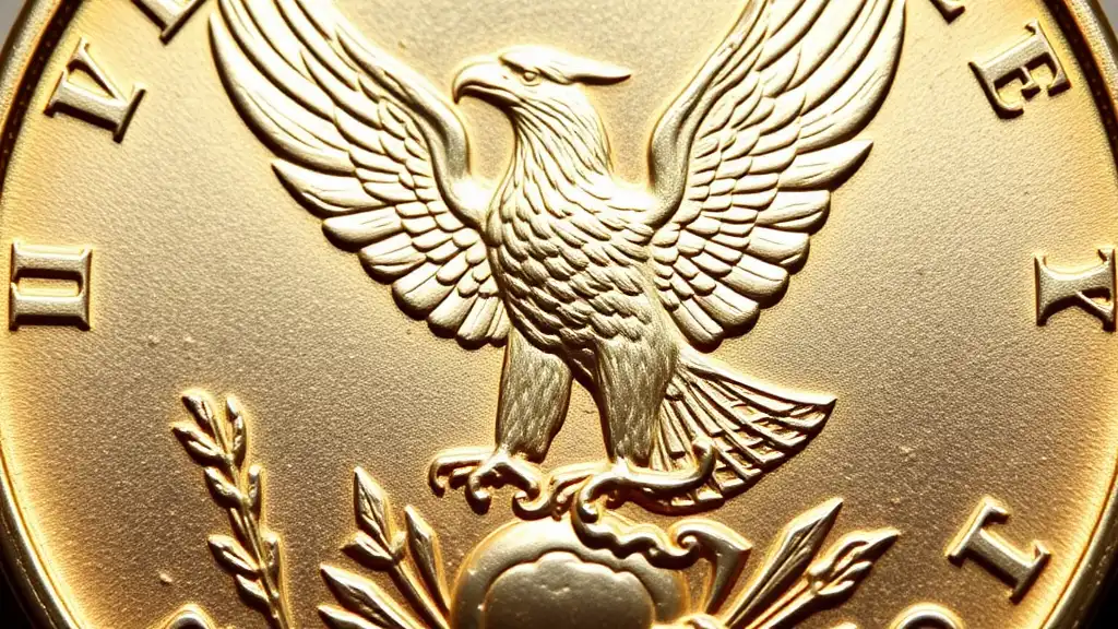 Close-up of the reverse side of the 1907 Double Eagle coin with an eagle soaring above the rising sun.