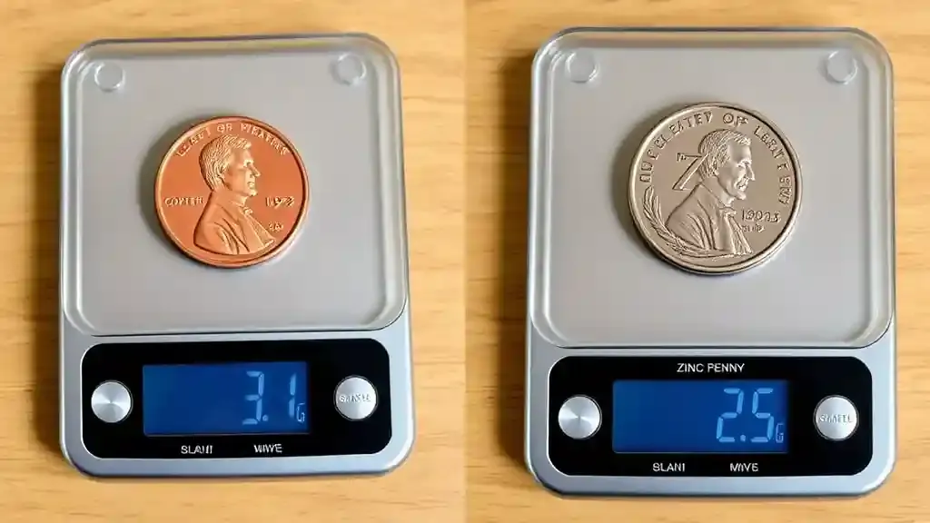 Image of a digital scale weighing a 1982 copper penny (3.1 grams) versus a zinc penny (2.5 grams).