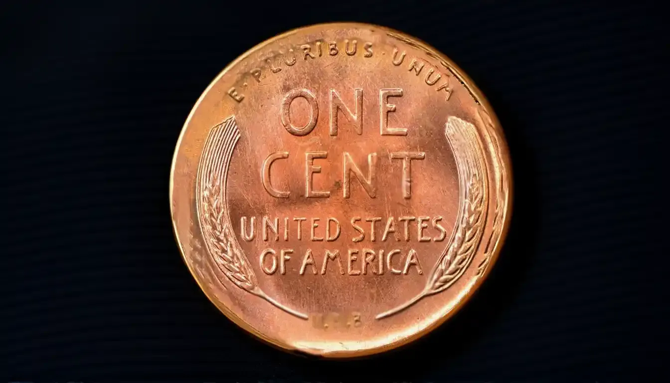 A close-up reverse of 1909s wheat penny with minted initials VDB on Lincoln penny, highlighting its rarity and value.