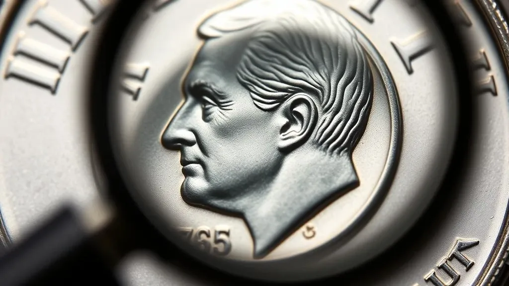 A close-up of the 1975 Roosevelt dime no S under a magnifying glass of a numismatist