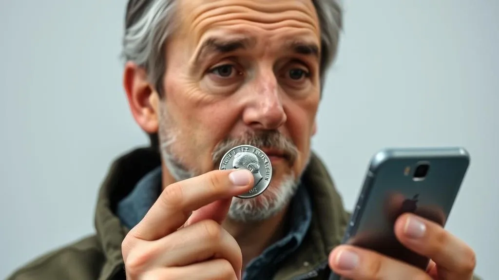 A man trying to understand the 1975 dime no mint mark value with an app for coin identifying