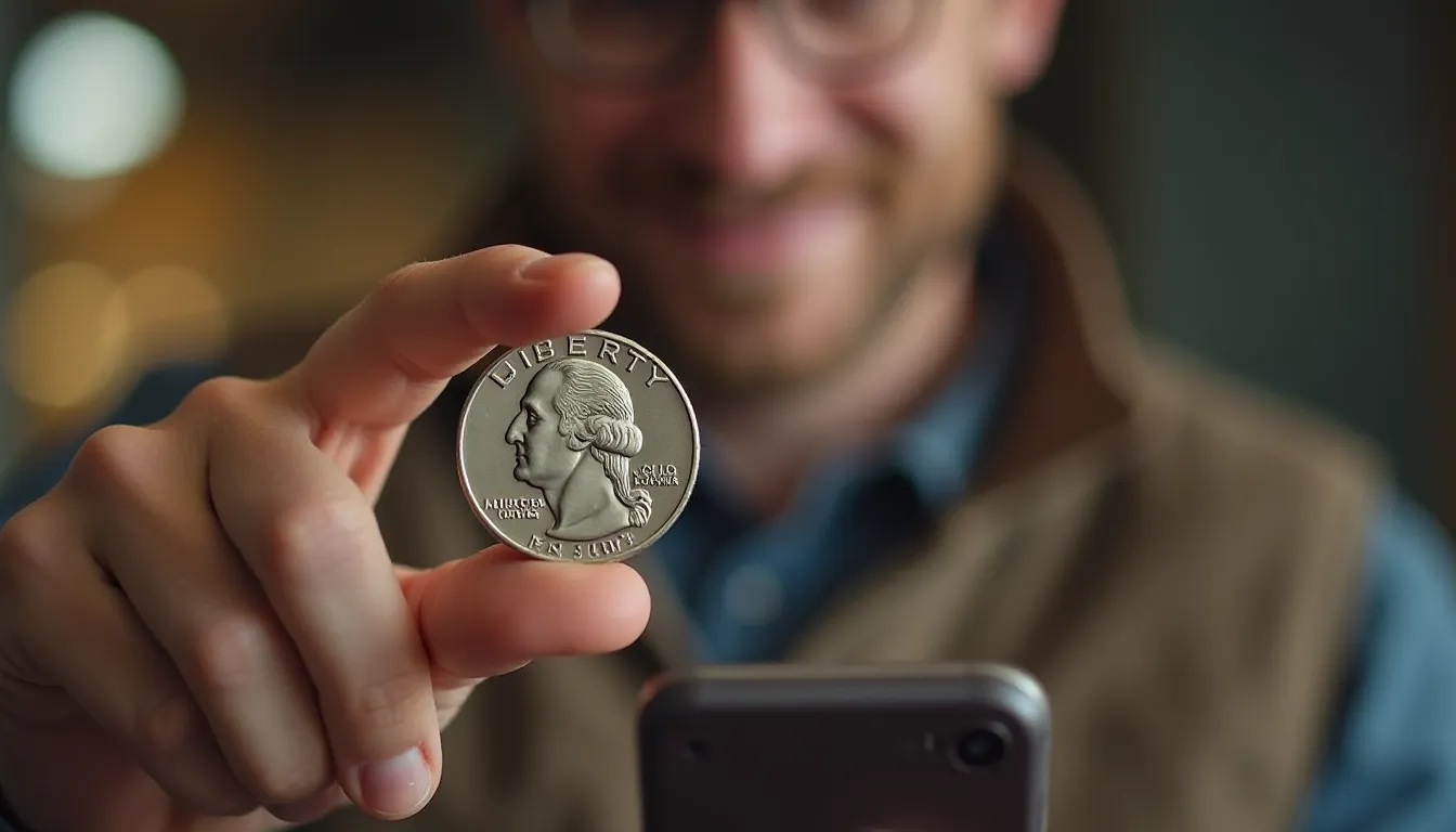 a smiling numismatist looking through the 1982 P quarter error list to understand total value of a coin