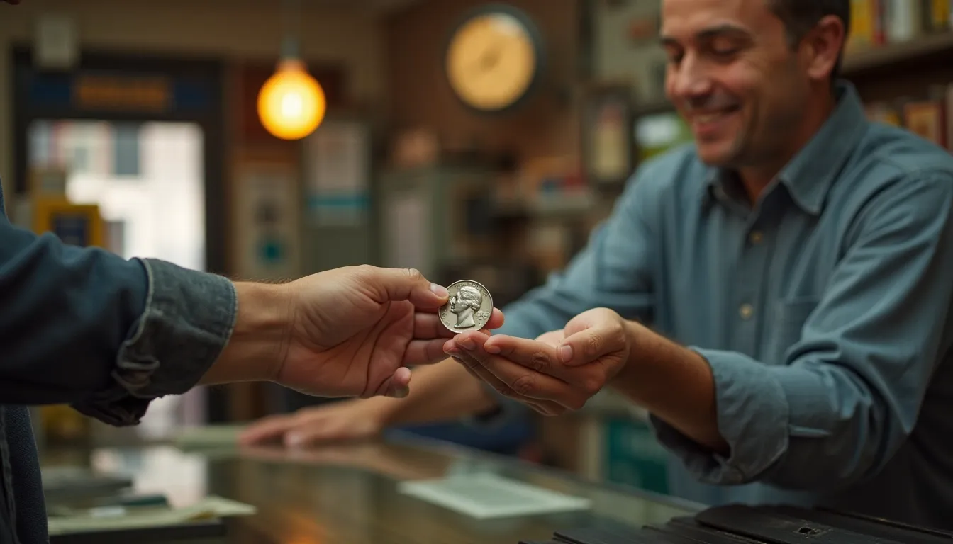 a man buying a 1982 US quarter in a pawnshop