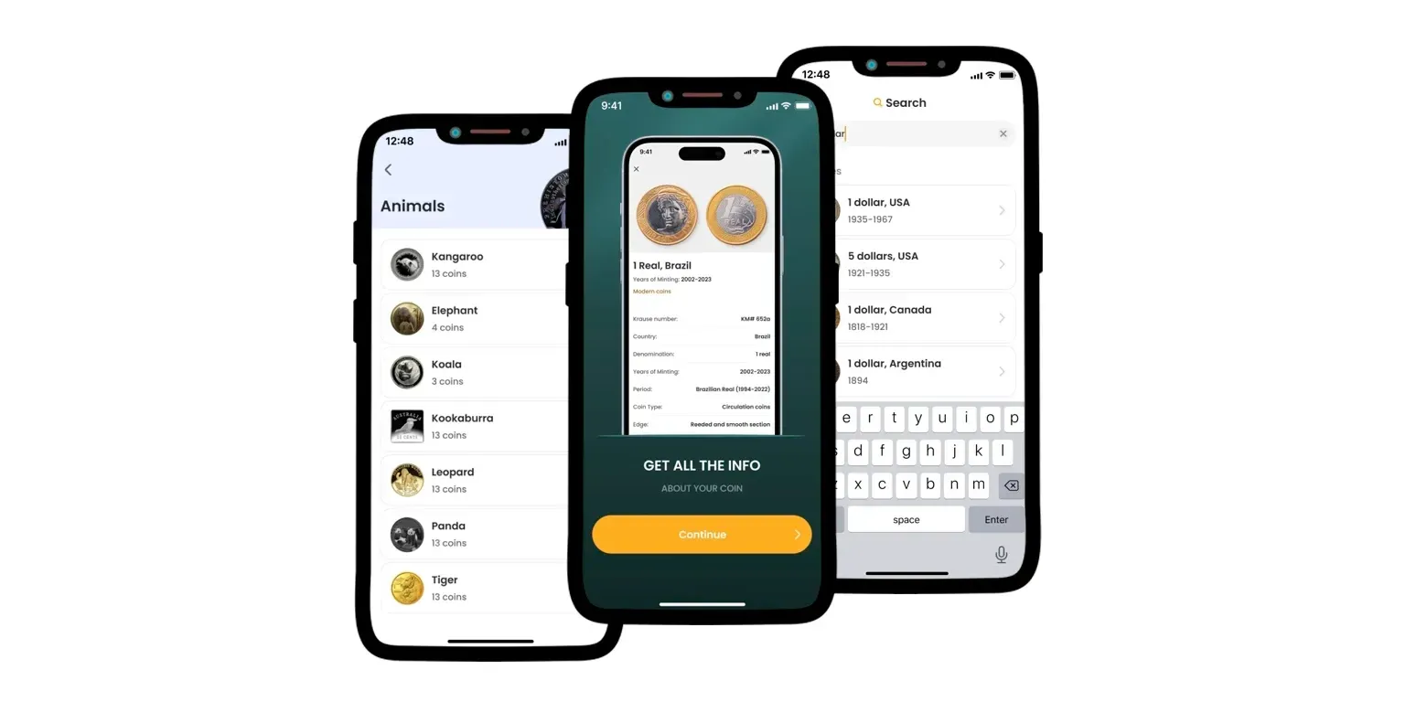 A screenshot from the Coin ID Scanner app that features the most notable functionalities and tools useful for numismatists and coin lovers alike