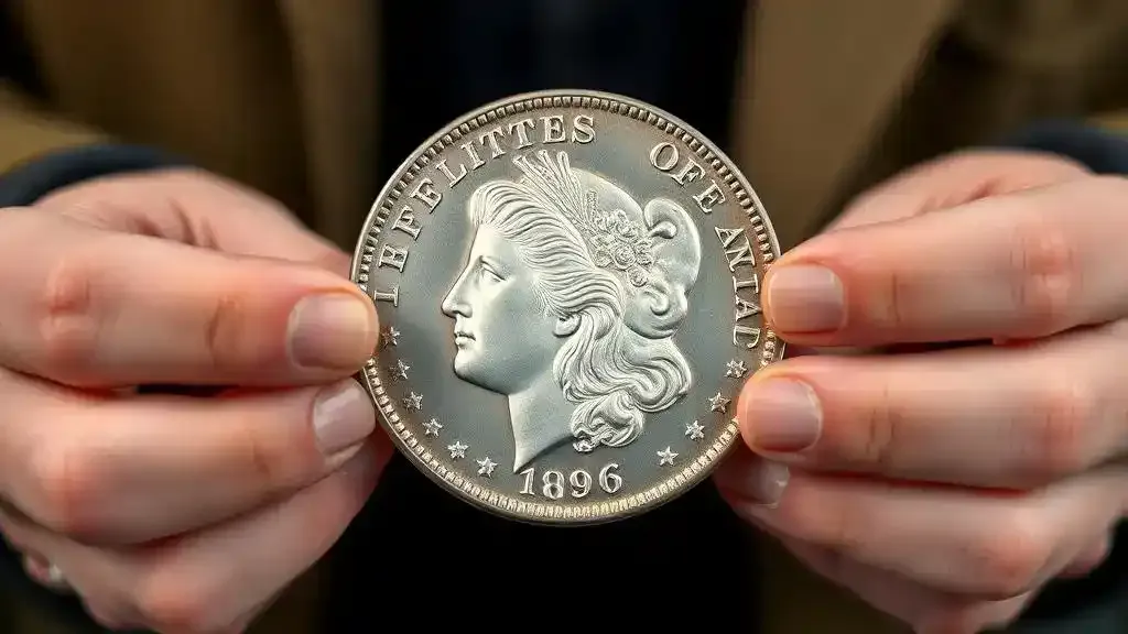 A picture of a person holding an 1896 Morgan dollar in their hands, showcasing the coin's obverse side