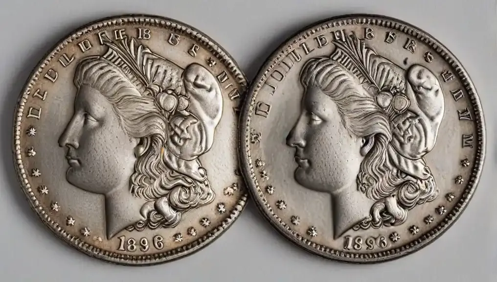 A picture comparing two 1896 Morgan dollars side by side, one in mint state with sharp details and a bright surface, and the other showing significant wear with faded details and a duller finish