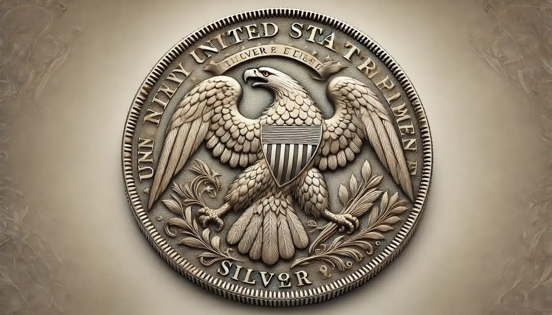 The reverse side of the 1794 silver dollar coin, featuring the iconic eagle with spread wings, representing the strength of the young nation.