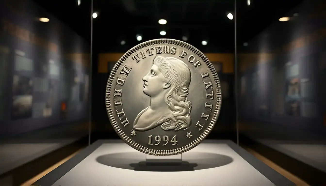 A museum exhibit featuring the 1794 silver dollar under a spotlight, emphasizing its rare 1794 Flowing Hair silver dollar worth and historical value.