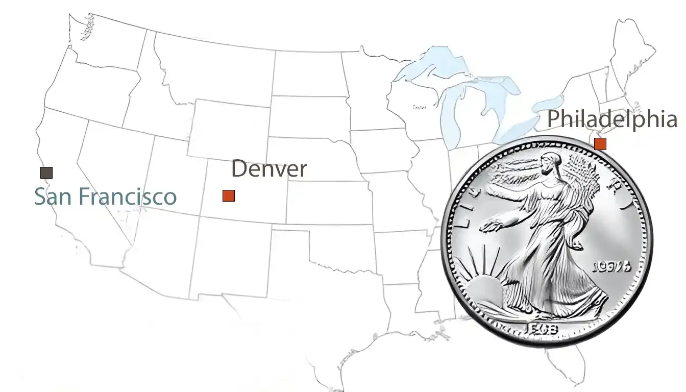 A map showing the U.S. mints in Philadelphia, Denver, and San Francisco, highlighting San Francisco as the birthplace of the rare 1927-S Standing Liberty quarter.