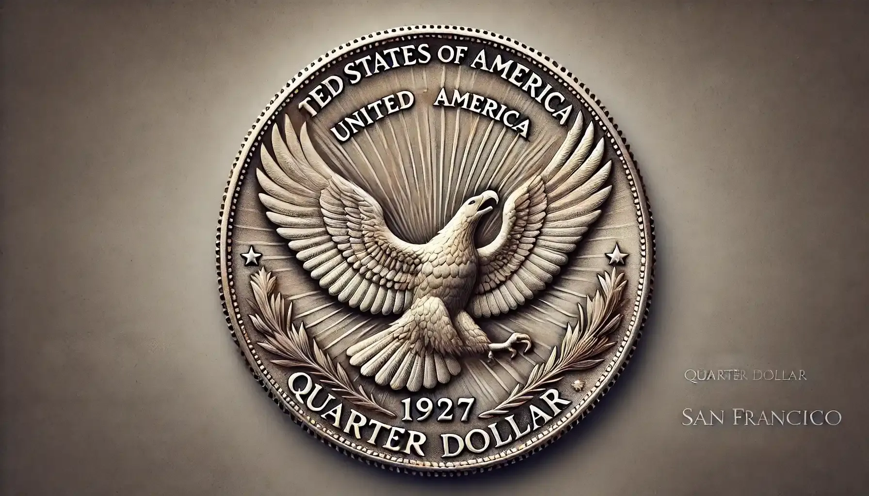 A close-up of the reverse side of the1927 quarter dollar from San Francisco, showing the flying eagle and inscriptions that symbolize freedom and unity.