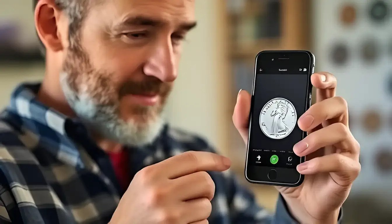 A tech-savvy  male collector uses the Coin ID Scanner app on their smartphone to identify and assess the value of 1927 standing liberty quarter to add to his collection.