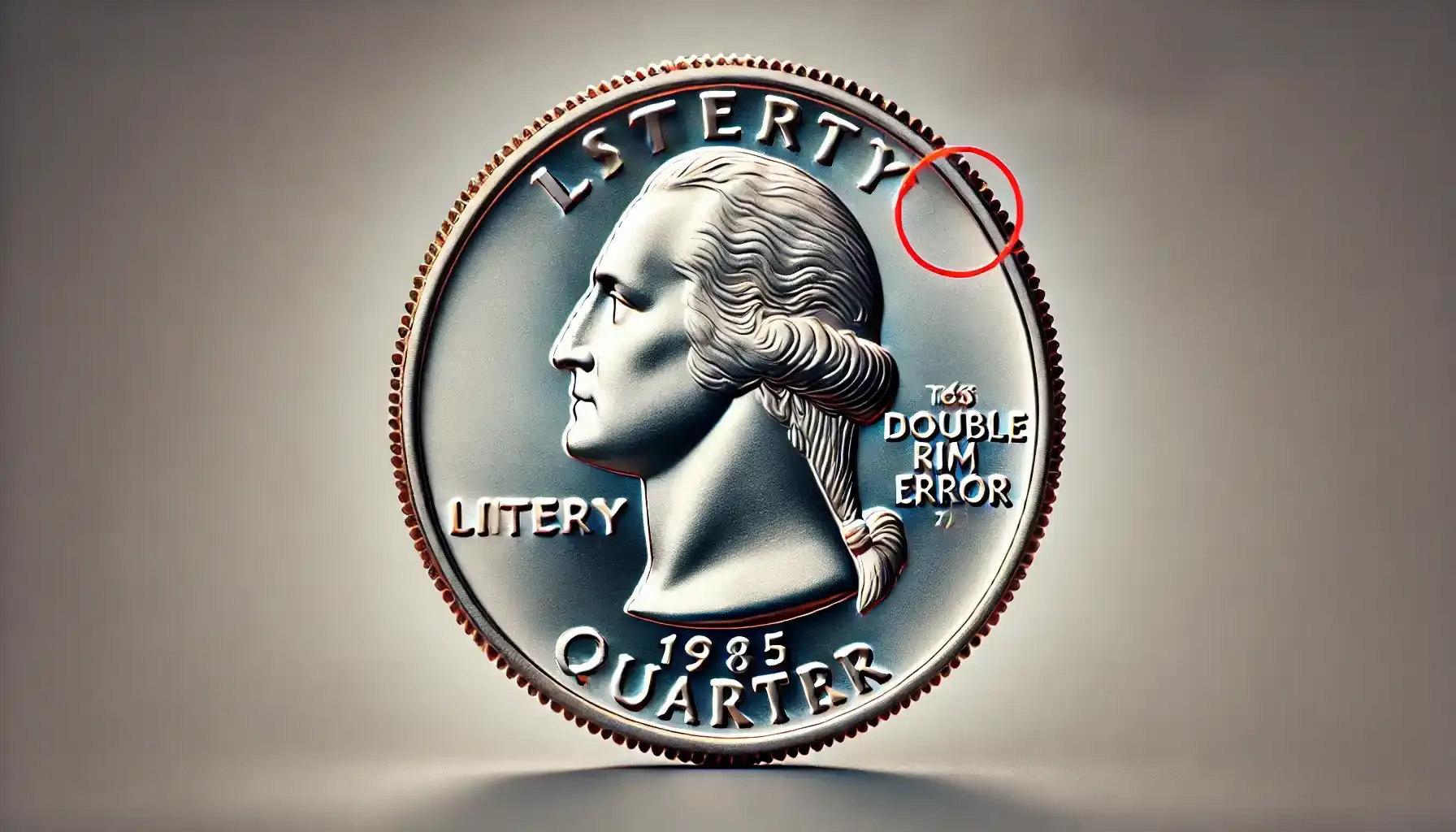 an example of the 1985 p quarter double rim error circled on a picture in red