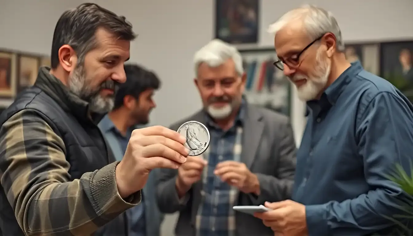 a man showing 1985 d quarter errors on a coin to his collector friends