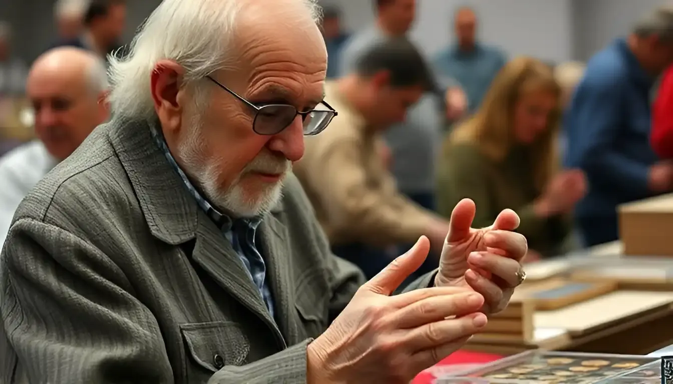 an elderly coin collector explains the George Washington coin 1789 to 1797 value to the audience at a coin show