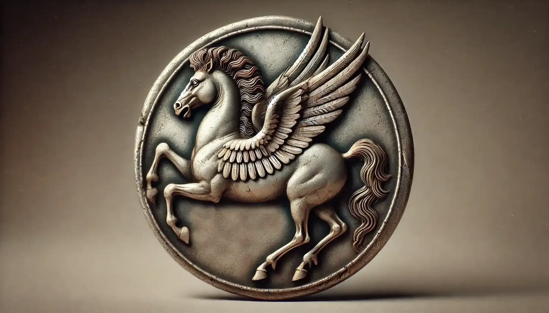 A picture of a Corinthian Stater, showcasing the obverse side with the iconic Pegasus design, featuring the winged horse in intricate detail