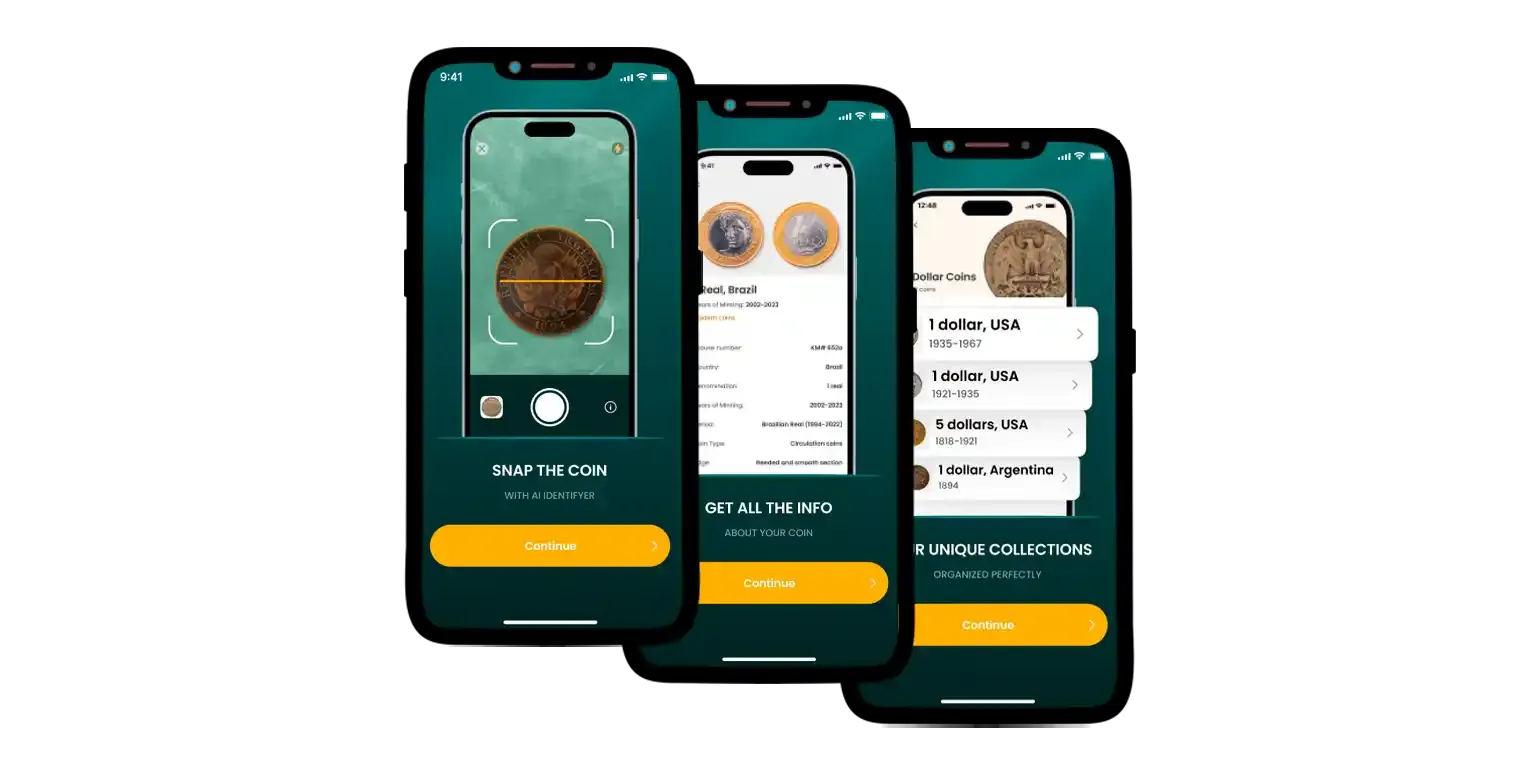 A screenshot from the Coin ID Scanner app that depicts the most essential features, such as instant coin identification, numismatic encyclopedia, and collection management tools