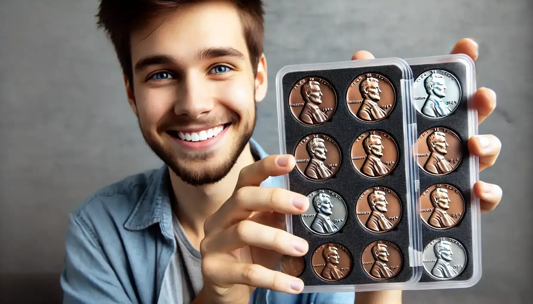 An young collector proudly showing a selection of 1944 wheat pennies, including mint mark variations.