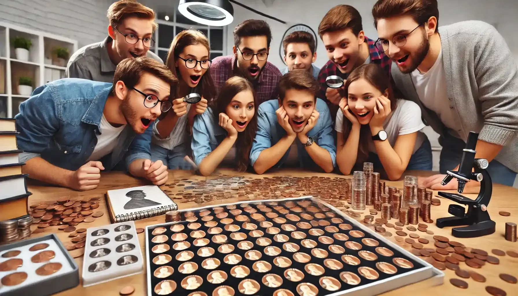 Young numismatists excitedly examining a big collection of 1944 wheat pennies, eager to learn  value of 1 centavo de 1944 error examples.