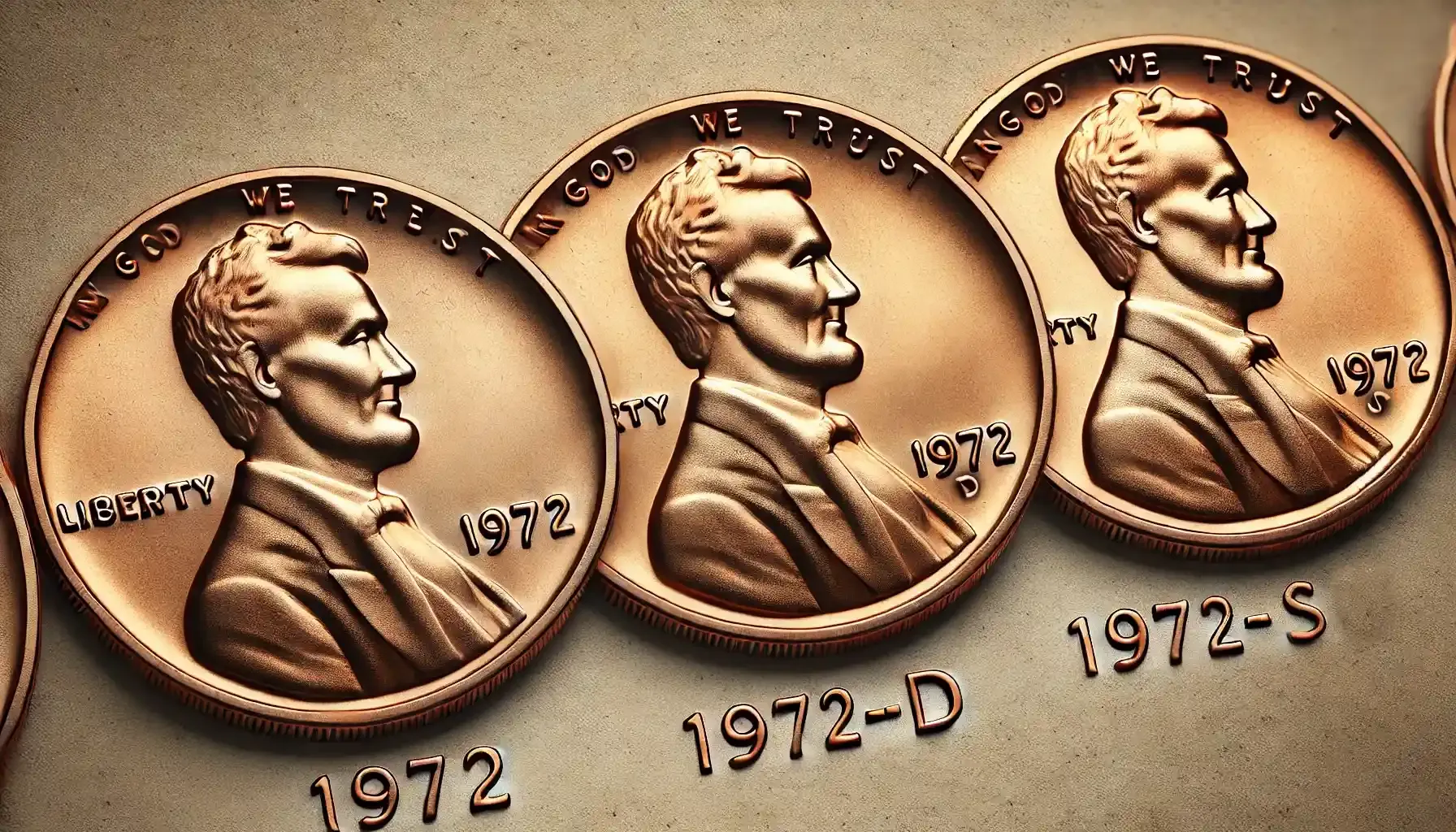 Set of 1972 Lincoln cent, 1972 d penny, and 1972s penny side by side, showing mint marks and double die obverse differences.