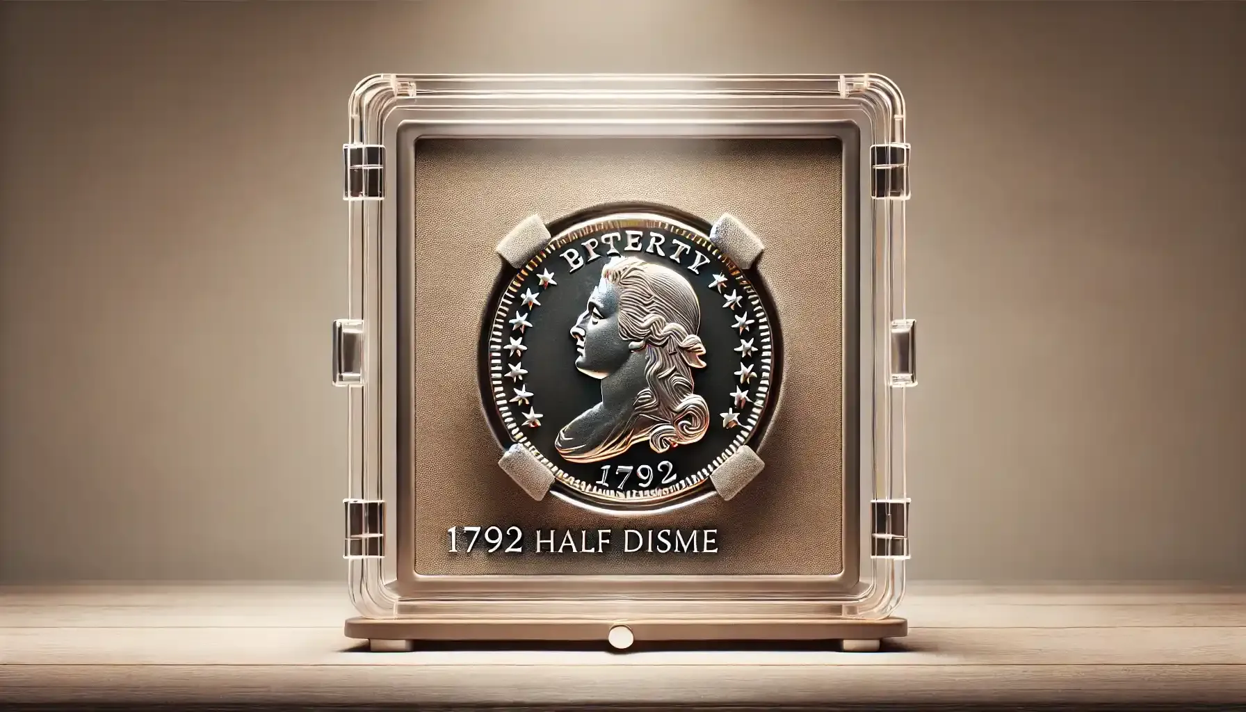 Pictire of rare 1792 half disme in protective case, available for sale to collectors and investors alike.