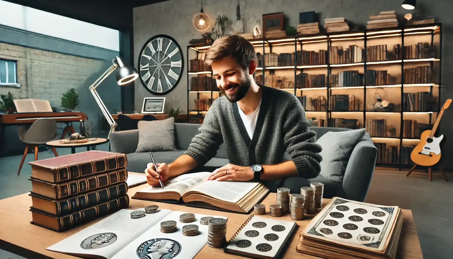 The numismatist sits contentedly, covered on all sides with coin books in which he has searched for information about the 1792 dime coin.