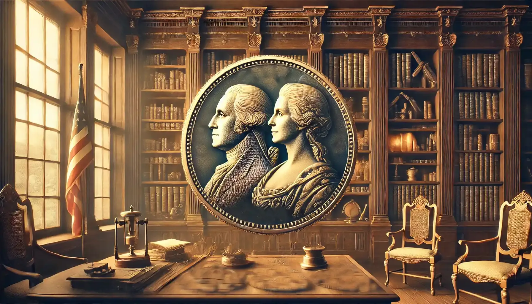 The portraits of George and Martha Washingtons, who, according to the legend, are connected with minting of the first official half disme coin.