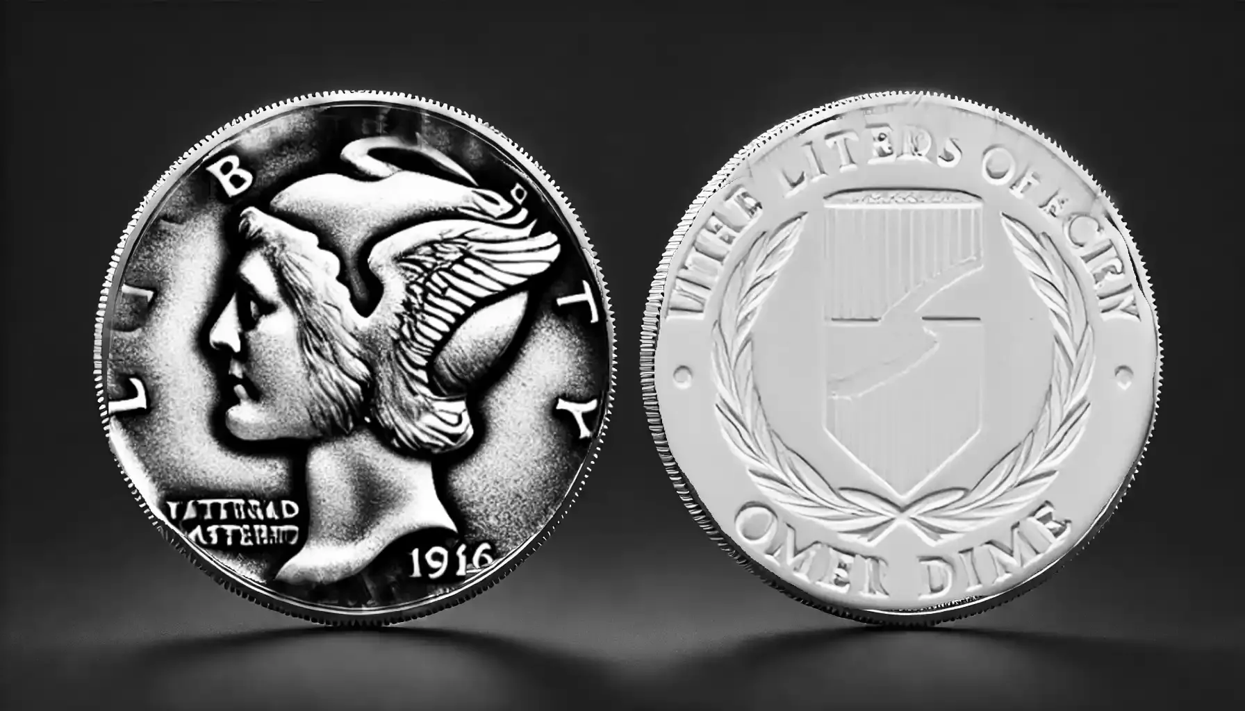 Side-by-side picture with obverse and reverse side of 1916-D Mercury Dime, showing the coin design details.