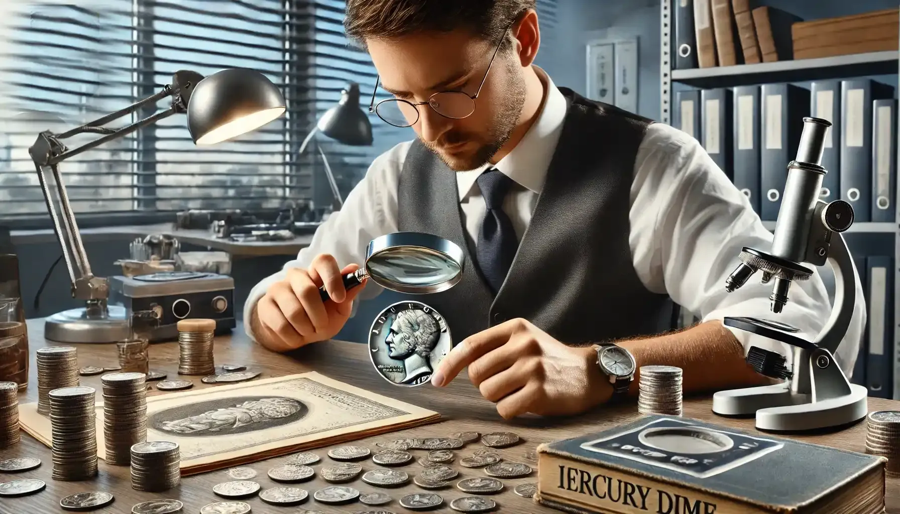 Expert appraising a 1 Mercury dime 1916 D, demonstrating counterfeit detection techniques.