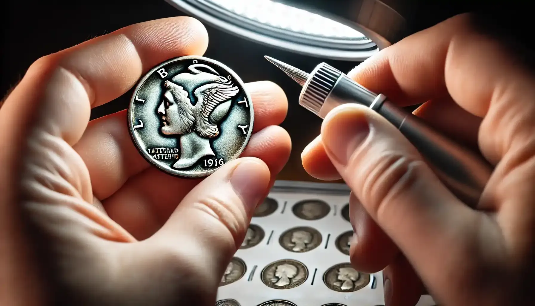 Collector showing a 1916-D Mercury Dime under strong lighting to detect possible fake signs.