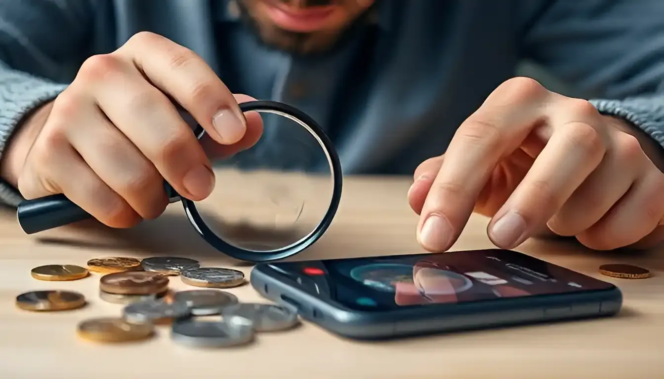 Numismatist examining a 1916-D Mercury Dime via magnifying glass for mint mark positions. Around him are other coins, which value he checked due to Coin ID Scanner app.