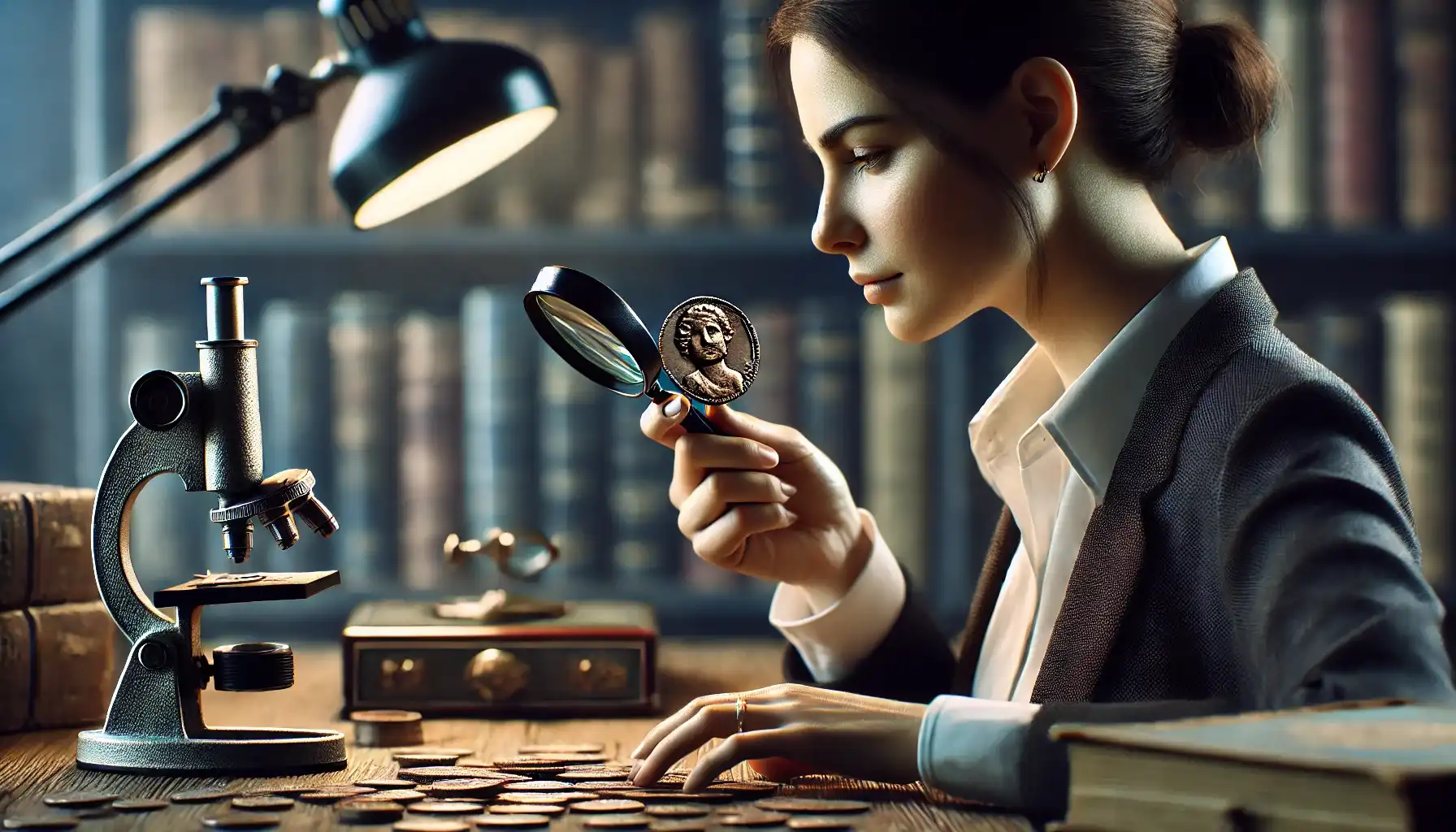 A picture of a female numismatist looking at an ancient coin with the use of a magnifier