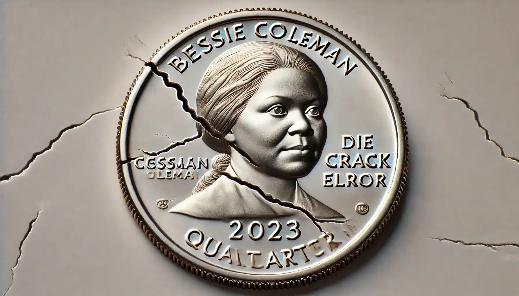 A picture of a 2023 Bessie Coleman quarter featuring a die crack error, with a close-up highlighting the small crack on the coin’s surface