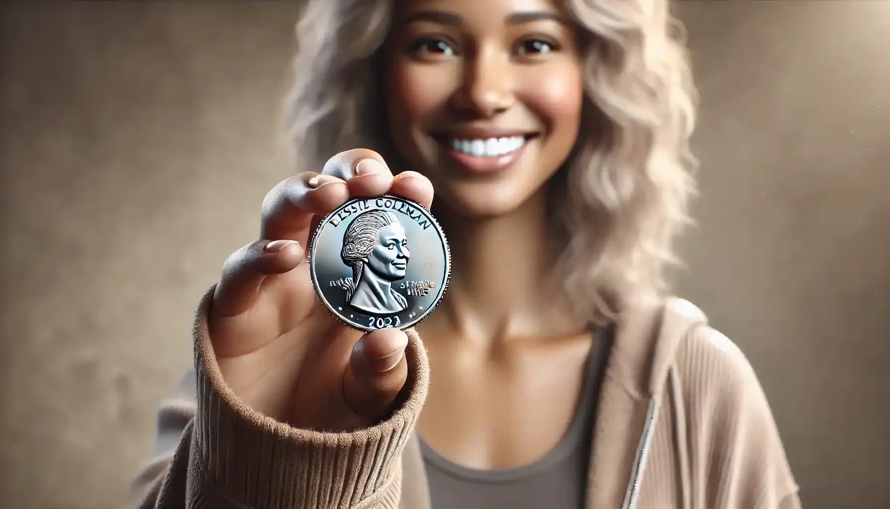 A picture of a satisfied coin collector holding a 2023 Bessie Coleman quarter, smiling as they display the coin with pride