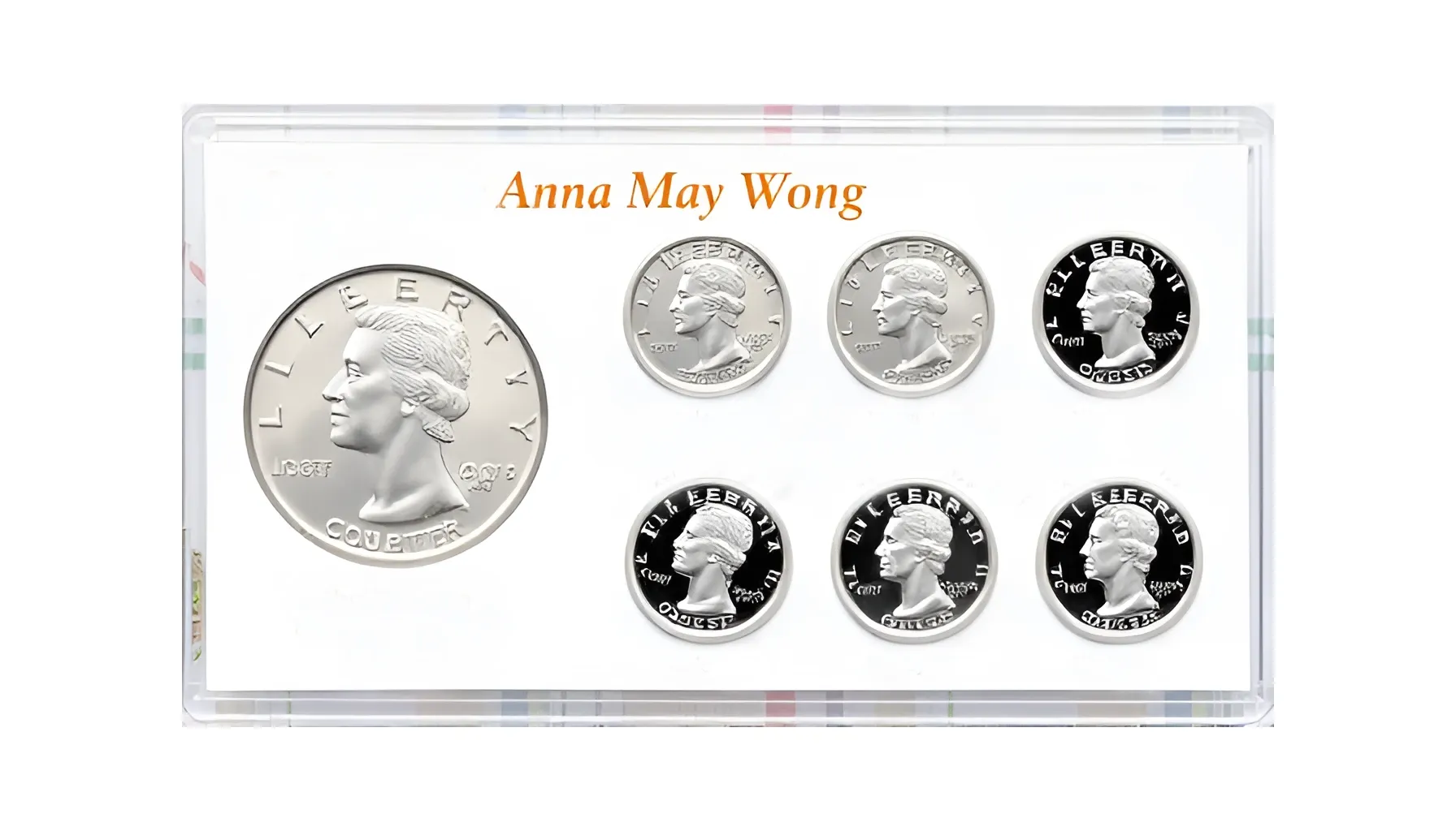 A picture of a proof set featuring the Anna May Wong quarter, displayed alongside other coins in the set