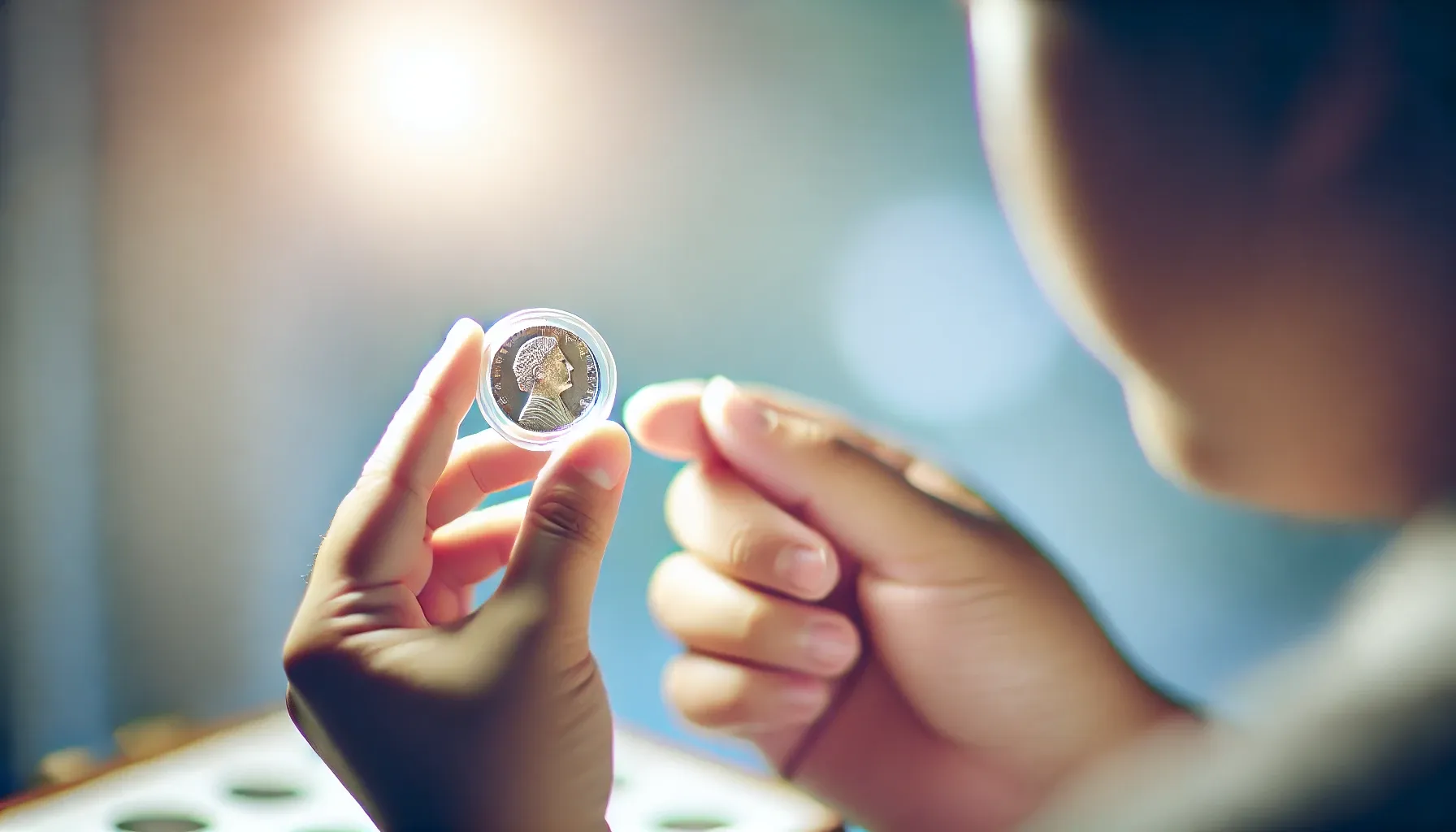 A picture of a collector examining a 2022 Anna May Wong quarter with a misaligned die error, holding the coin up to the light