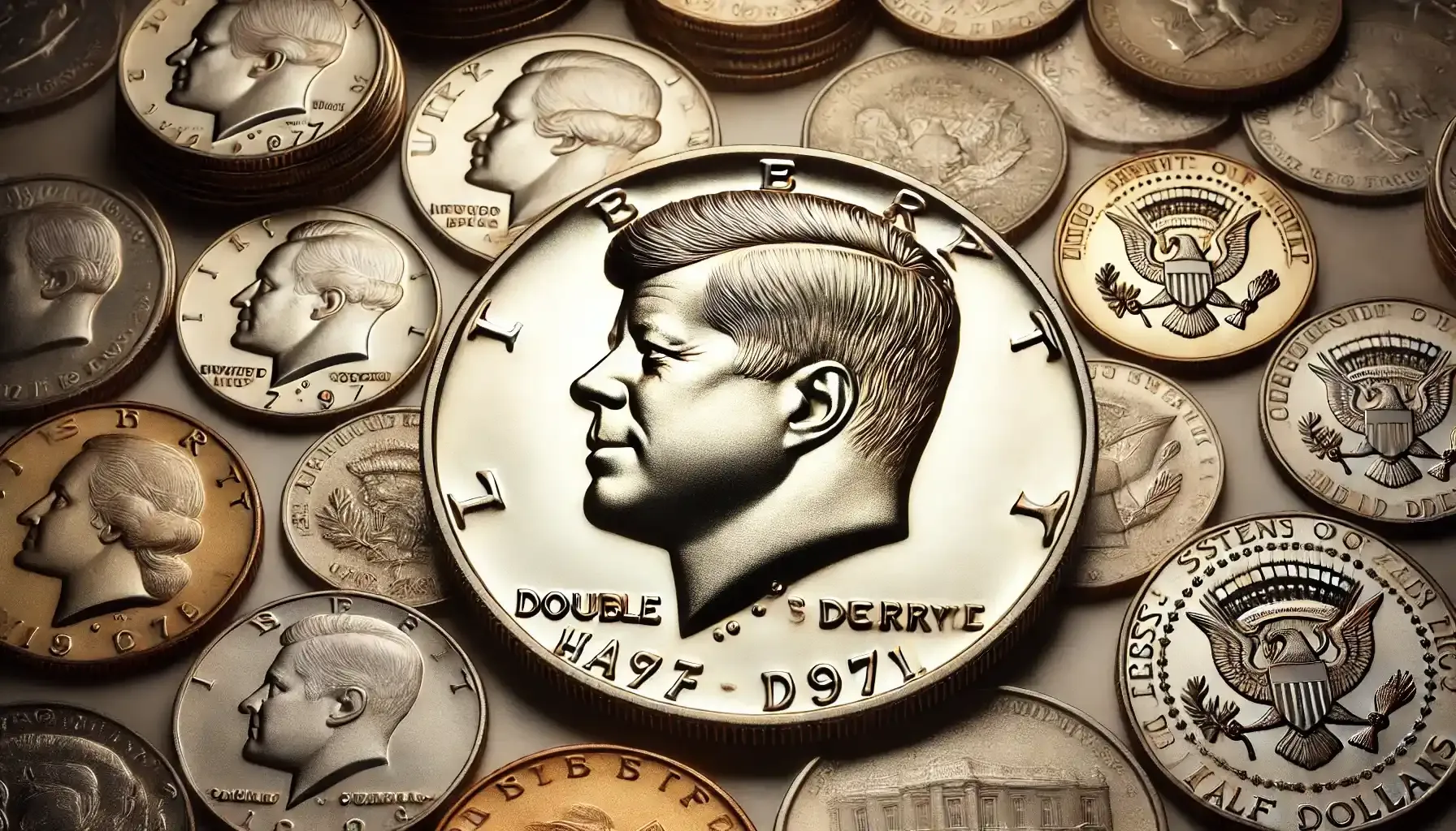 A picture of a coin collection featuring a 1971 half dollar with a double die obverse error placed at the center