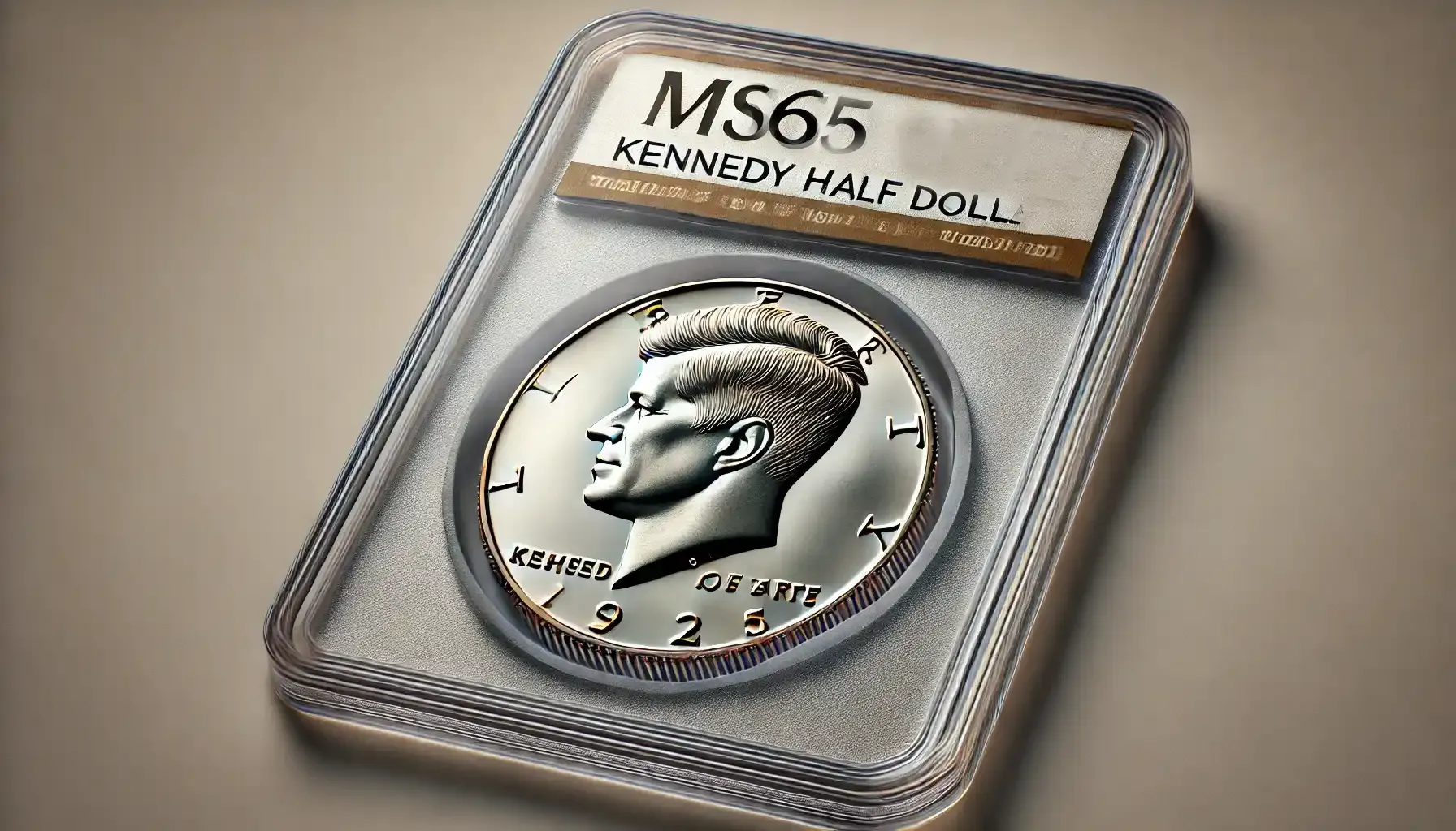 A picture of a Kennedy half dollar coin encased in a protective slab, with a label clearly displaying the grade “MS65.”