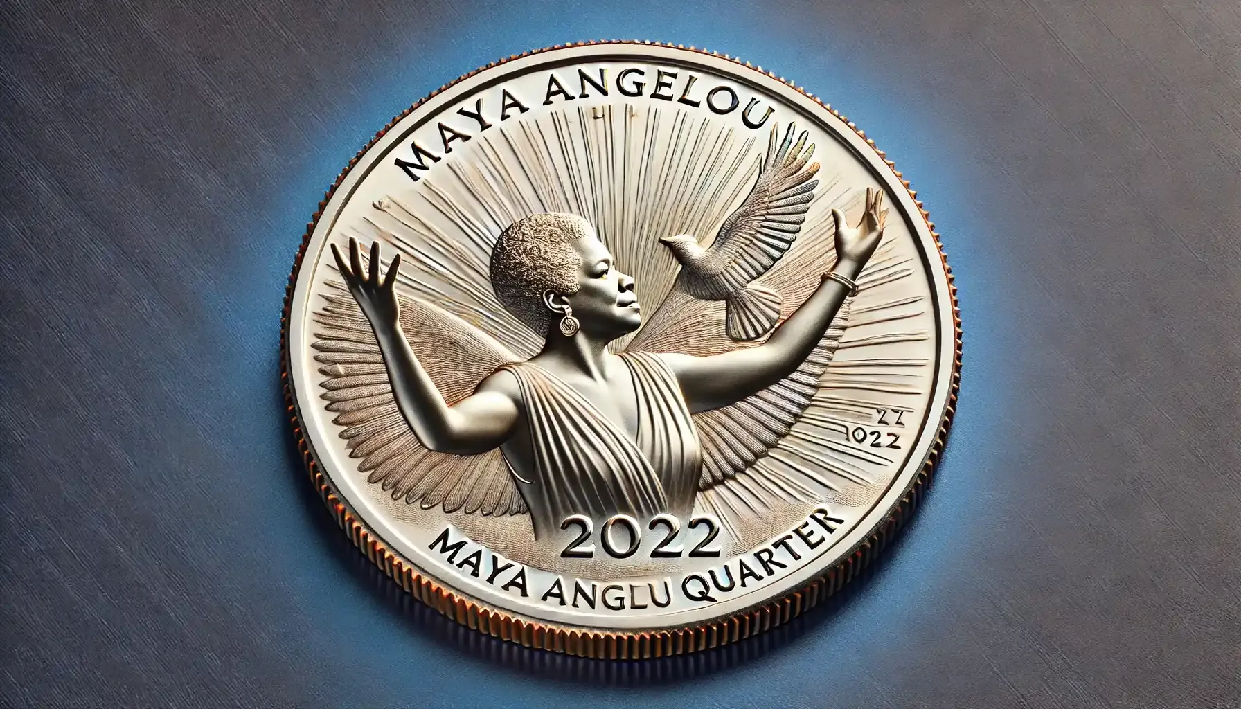 A picture of a 2022 Maya Angelou quarter with an off-center strike error, showing part of the design shifted away from the coin’s center