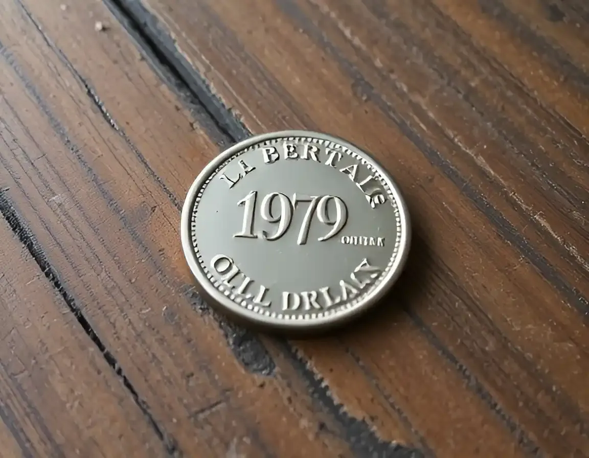 A picture of a 1979 dollar coin resting on an old, weathered table, with the coin’s details partially visible against the rustic texture of the wood