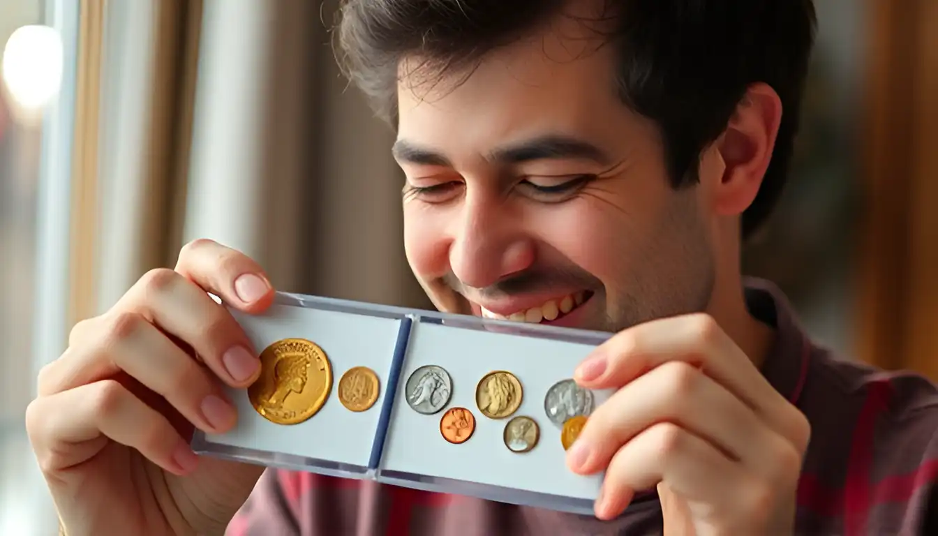 A joyful man looks lovingly at his collection of queen elizabeth 2 coins in a protective case in his hands