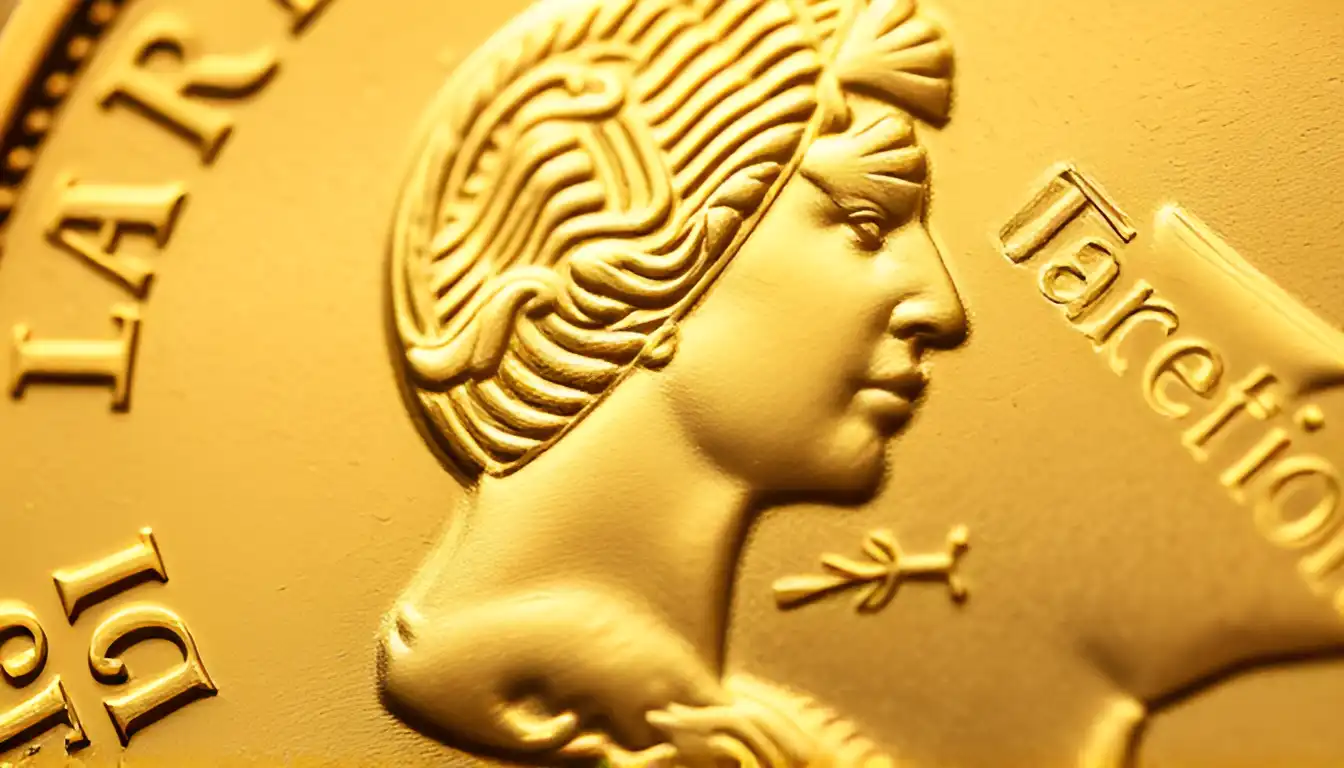 A detailed close-up image of the 1953 Coronation Queen Elizabeth the second coin gold £5 Coin, showing her portrait on the obverse side.