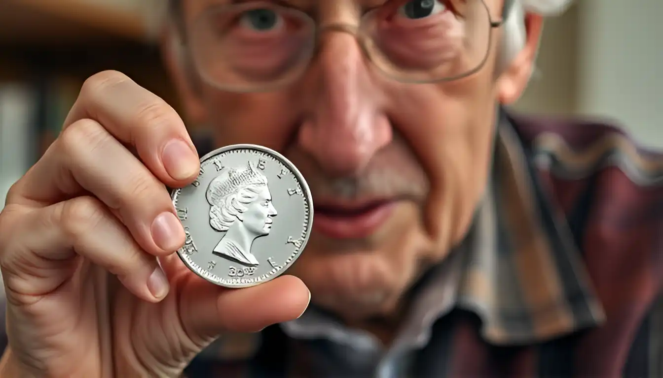 A surprised elderly numismatist holds a rare coin with Queen Elizabeth the second in his hands/ This is 1999 Australian Silver Dollar.