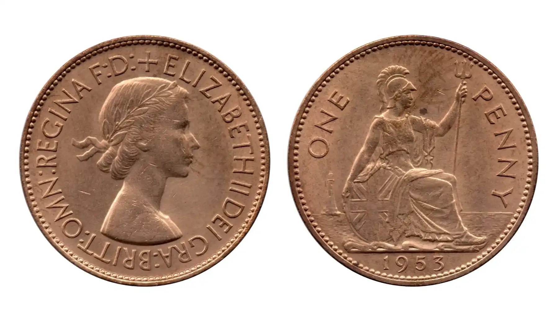 obverse and reverse of a 1953 penny with queen Elizabeth II